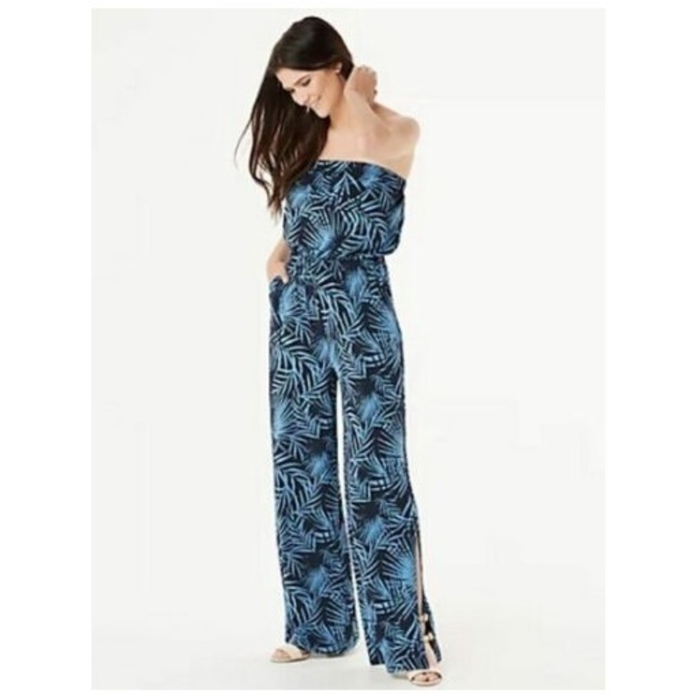 G.I.L.I. Petite Jetsetter Strapless Jumpsuit, Palm Print, Blue,‎ MP